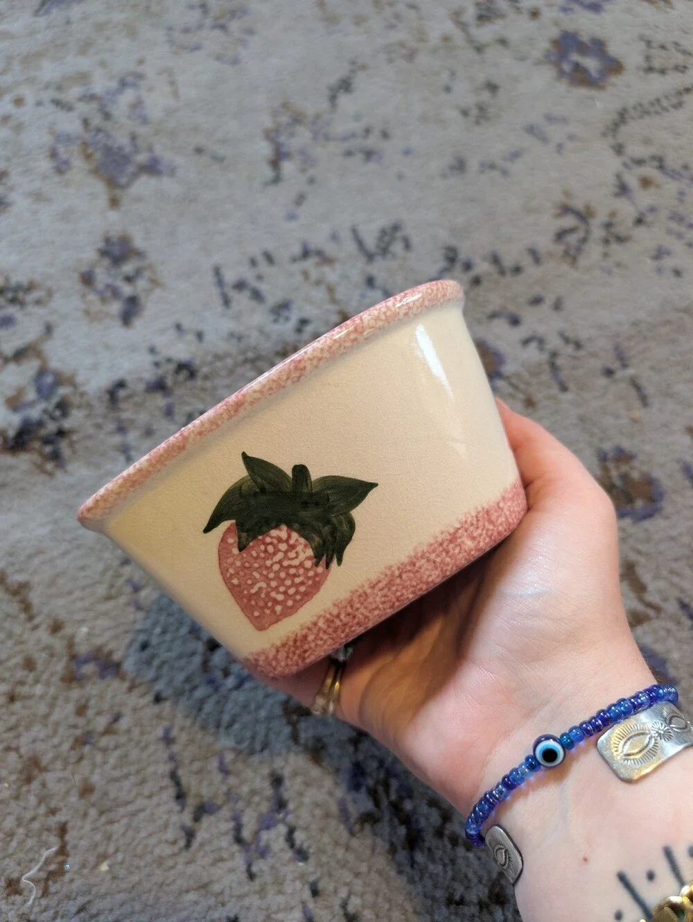 Y2K Speckled Pottery Painted Heart Shaped Ceramic Dish Strawberry Design Cottage